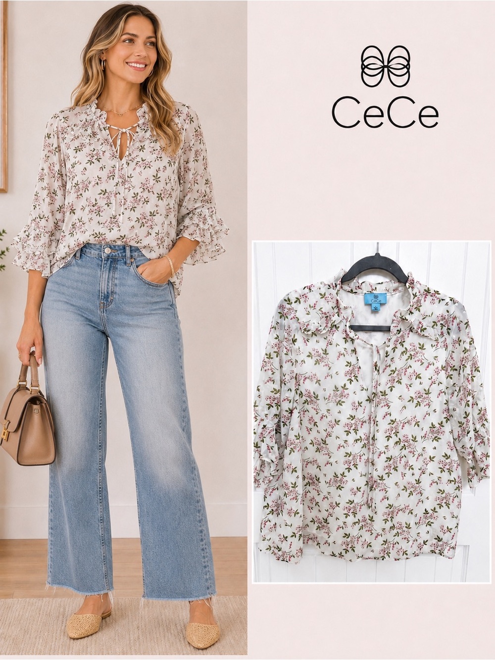 CeCe Ivory Floral Swiss Dot Ruffle Tie Neck Blouse Size Large
